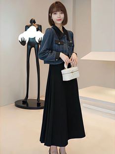 韩版 POLO领拼色短款 新设计感显瘦气质别致夹克上衣 牛仔外套女秋季
