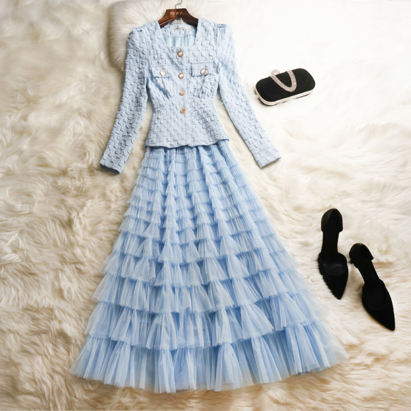 配裙子两件套 高级感洋气时尚 春季 设计感小众浅蓝西装 套装 早春时尚