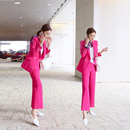 2023韩国时尚 显瘦双排扣西服裤 外套女玫红色中长款 两件套 职业西装